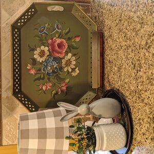 Vintage Nashco Hand Painted Metal Toleware Serving Tray Green Floral Lattice MSM